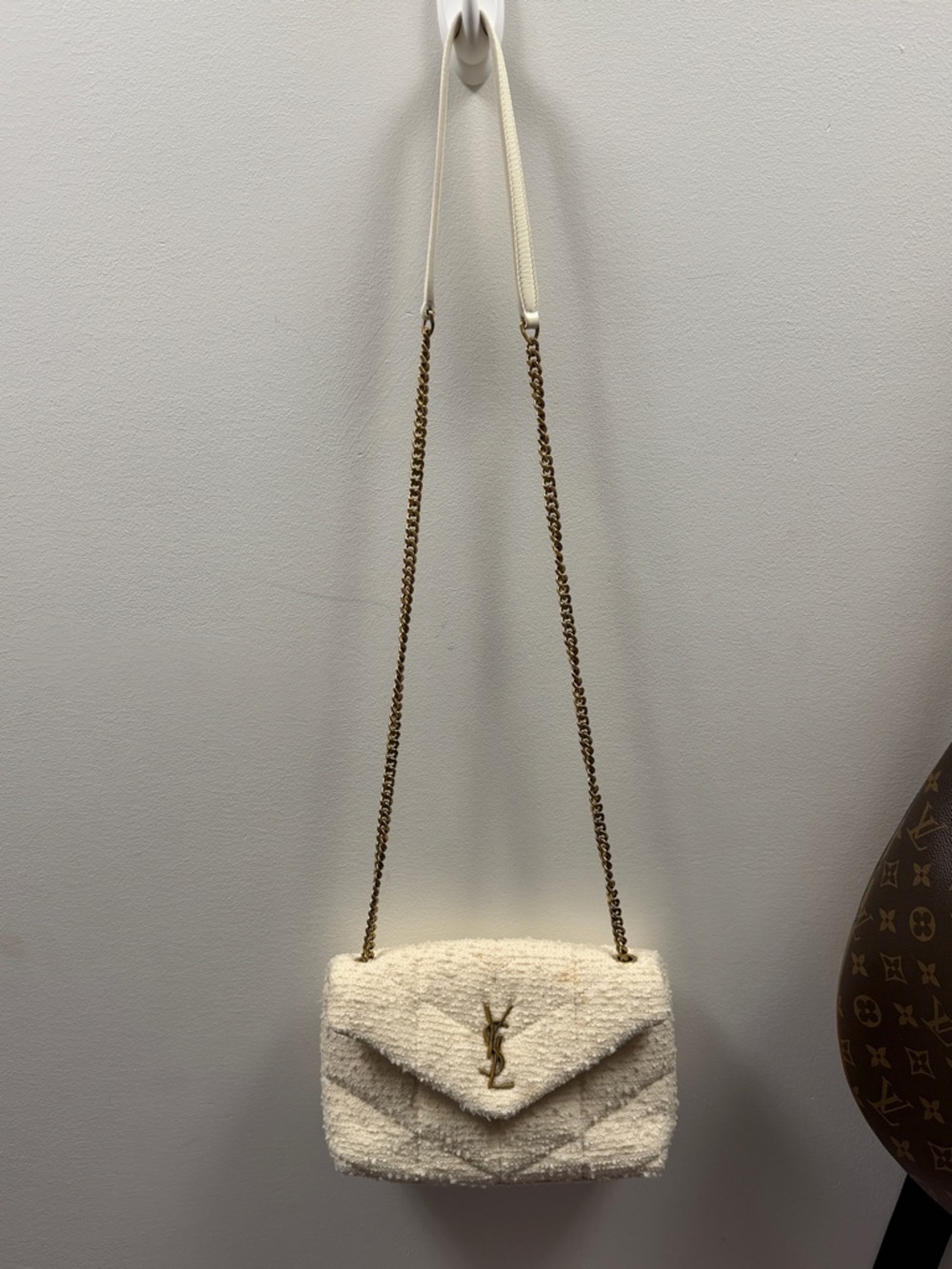 Saint Laurent Cream Quilted Chain Crossbody with Gold Hardware